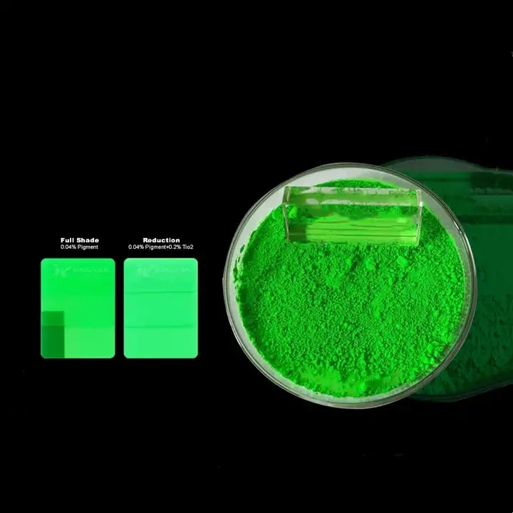 Fluorescerande grönt pigment för plast